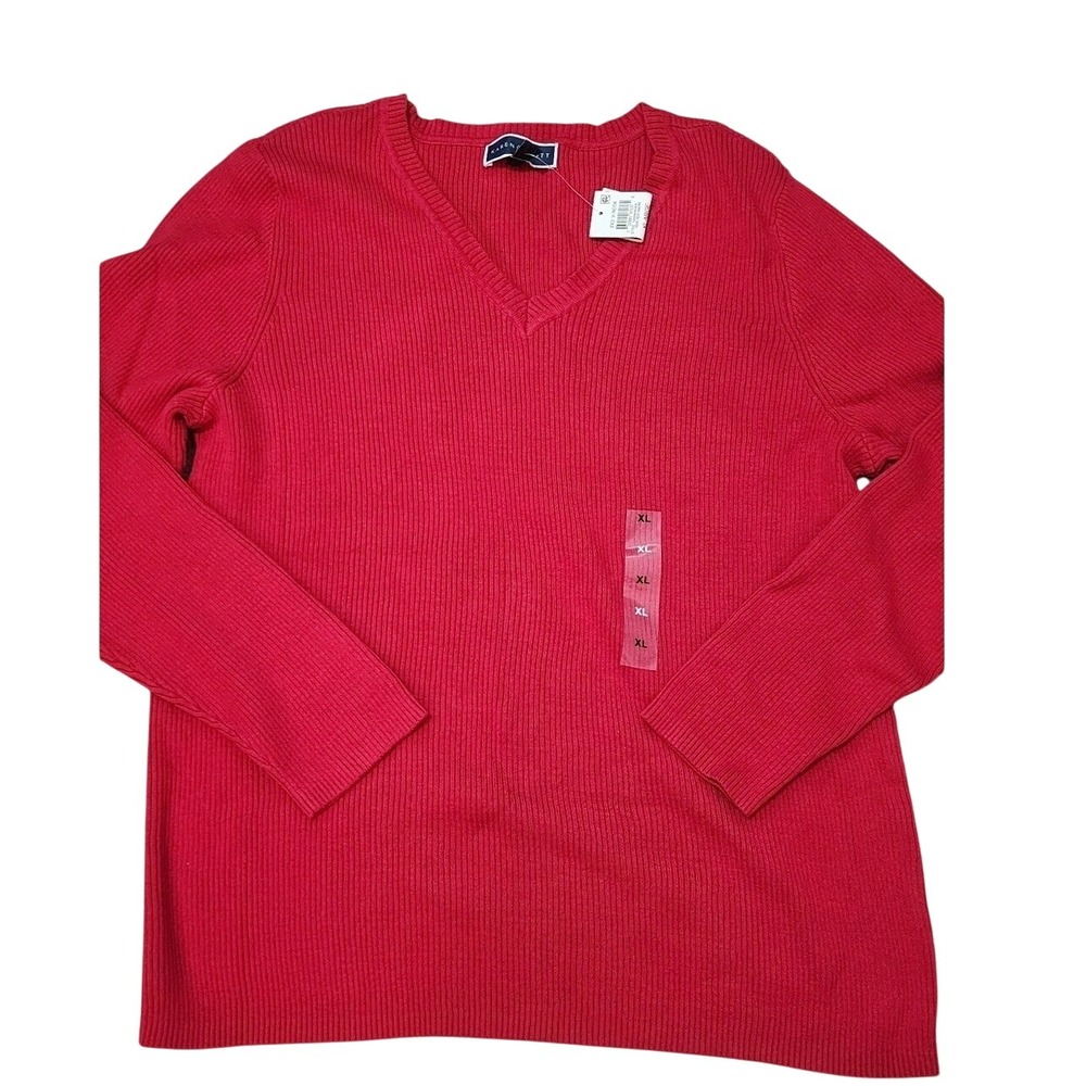 Karen Scott Womens XL Red Ribbed V-Neck 100% Cotton Long Sleeve Pullover Sweater